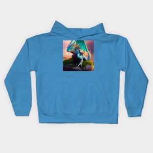 Cyan, Blue, and Gold Winged Baby Dragon Kids Hoodie